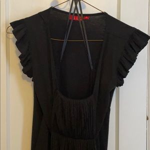 Black cap sleeve dress with smocking and ruffle